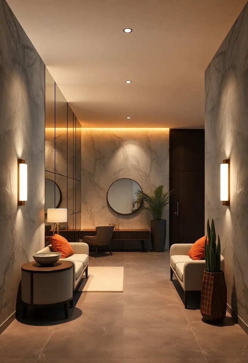 Soft Ambient Lighting Highlighting Mirrored Walls To Create Warm And Inviting Entry Ambiance