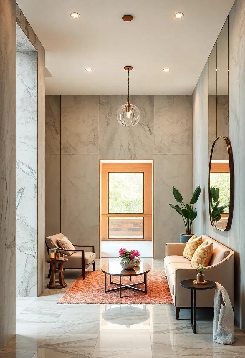 Softly Tinted Mirrored Walls Introducing Warmth And Ambiance To Contemporary Entry Spaces