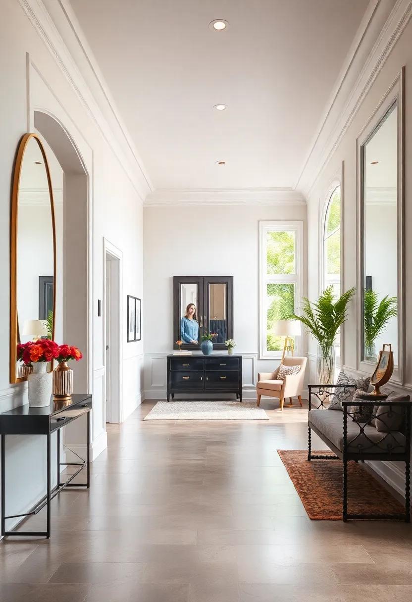 Traditional Crown Moldings Paired With Mirrored Walls Offering Timeless Entryway Grandeur