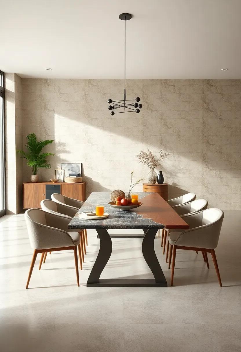 Extendable Dining Tables With Mixed Materials Including Resin, Metal, and Wood for Textural Playfulness