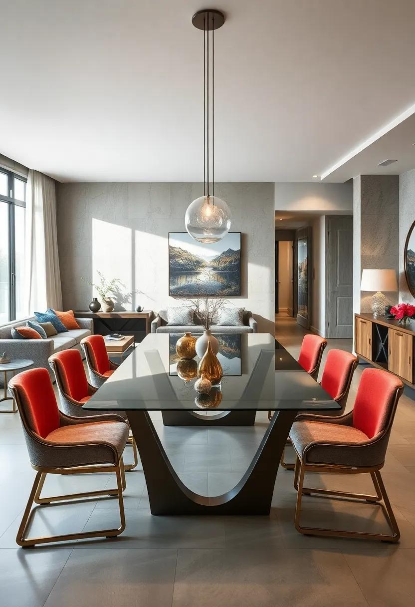 Sculptural Metal Frames Supporting Glass Tops in Extendable Dining Tables Creating Bold and Airy Visual Impact