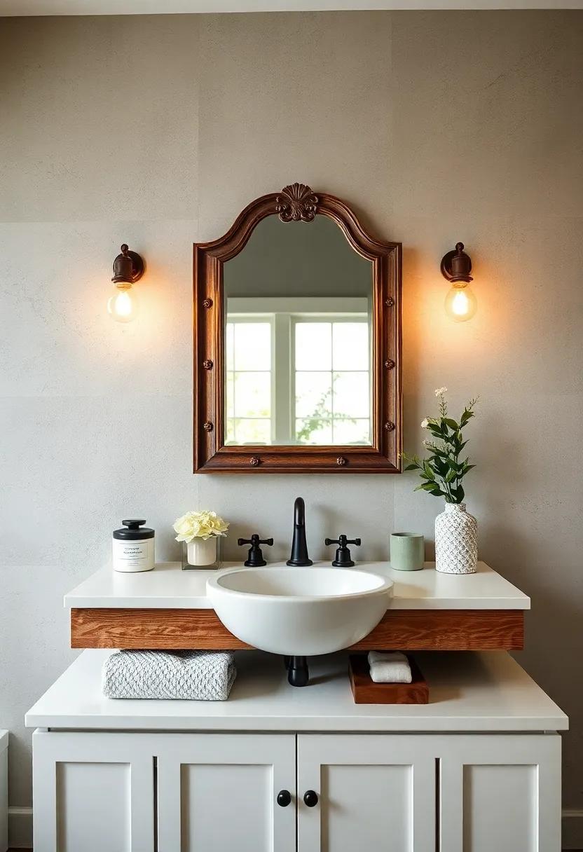 Antique Mirror Surrounded by Soft Edison Bulbs Creating a Timeless Bathroom Vanity Focal Point