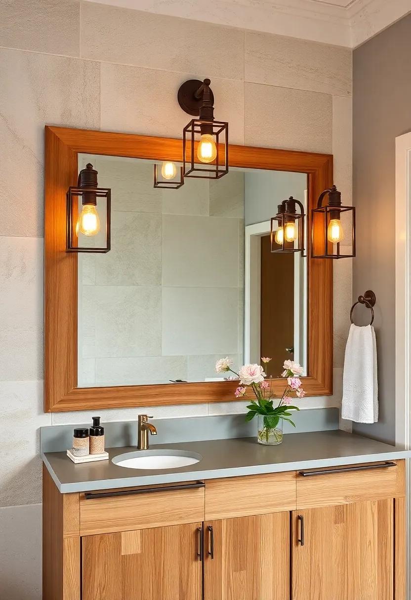 Classic Lantern Pendants Reflecting Through a Large, Weathered Oak Vanity Mirror with Floral Accents