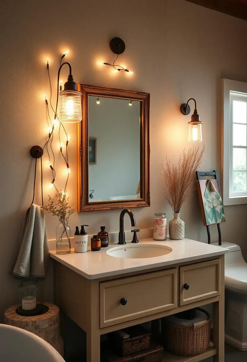 Glowing Fairy Light Accents Draped Around Vintage Mirror Offering Whimsical Farmhouse Vanity Ambience