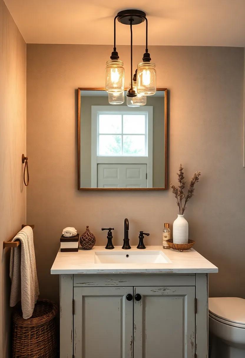 Handcrafted Mason Jar Pendant Lights Casting Soft Radiance Over a Distressed Cottage Bathroom Sink