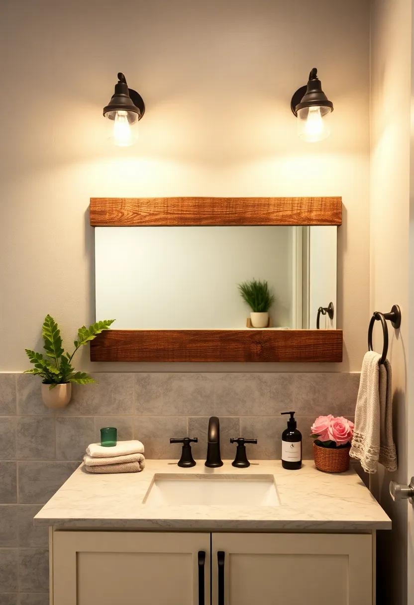 Industrial Metal Sconces with Patina Finish Framing a Reclaimed Barnwood Mirror Above Vanity