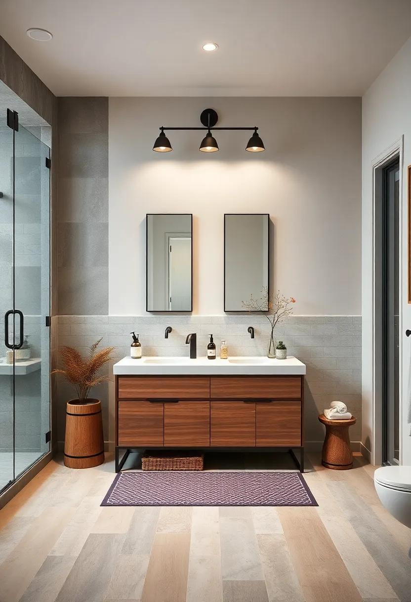 Minimalist Black Iron Frame Lighting Fixtures Enhancing Sleek Lines in a Modern Farmhouse Bathroom