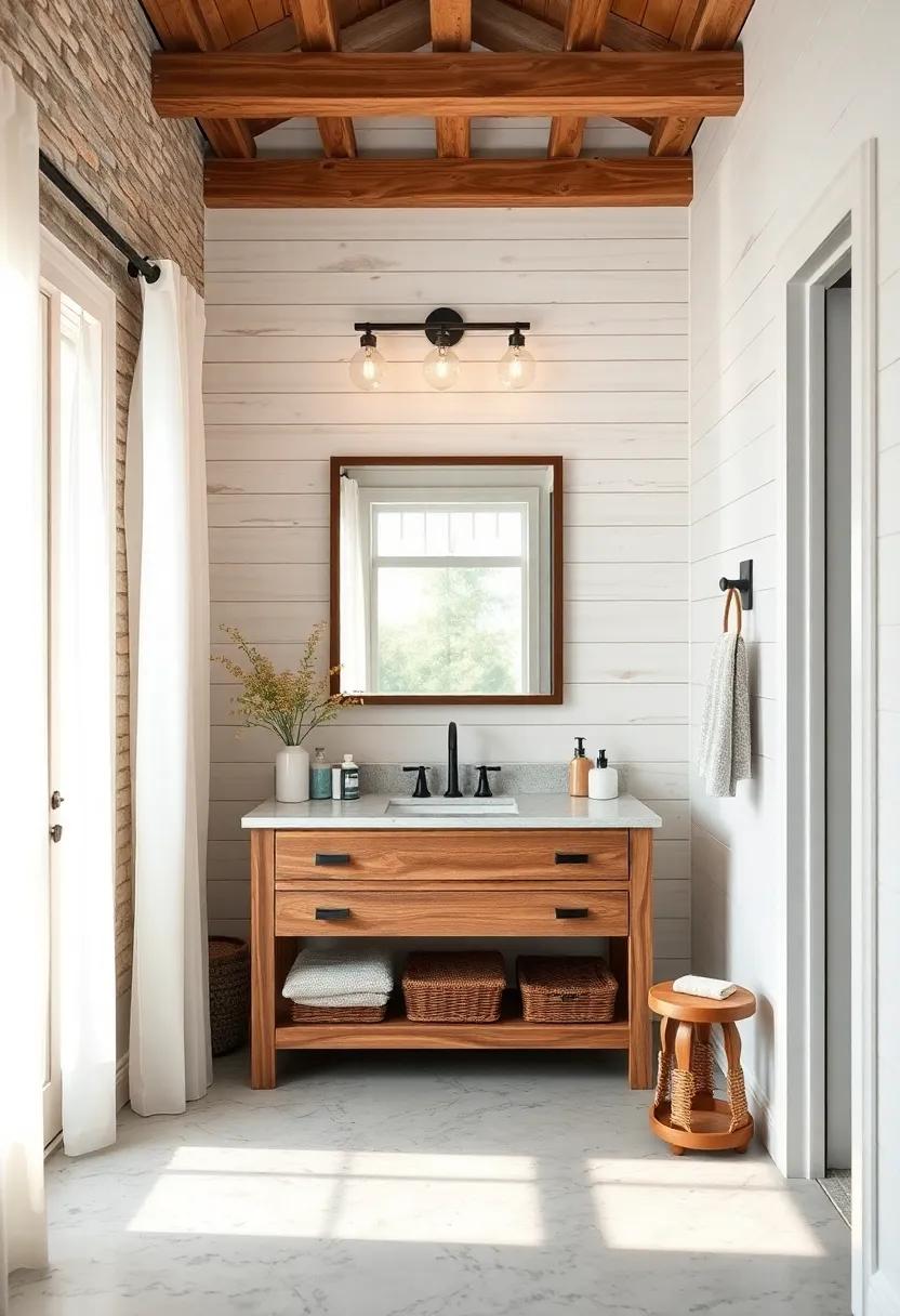 Natural Light Infused Farmhouse Vanity with Sheer Linen Curtains and Whitewashed Shiplap Walls