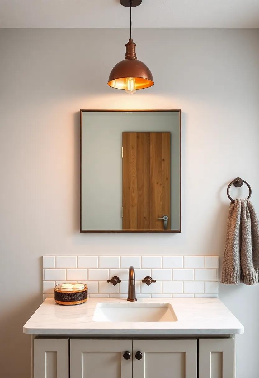 Rustic Copper Pendant Lamps Hanging Low Over a Sink with Hand-Painted Subway Tile Backsplash