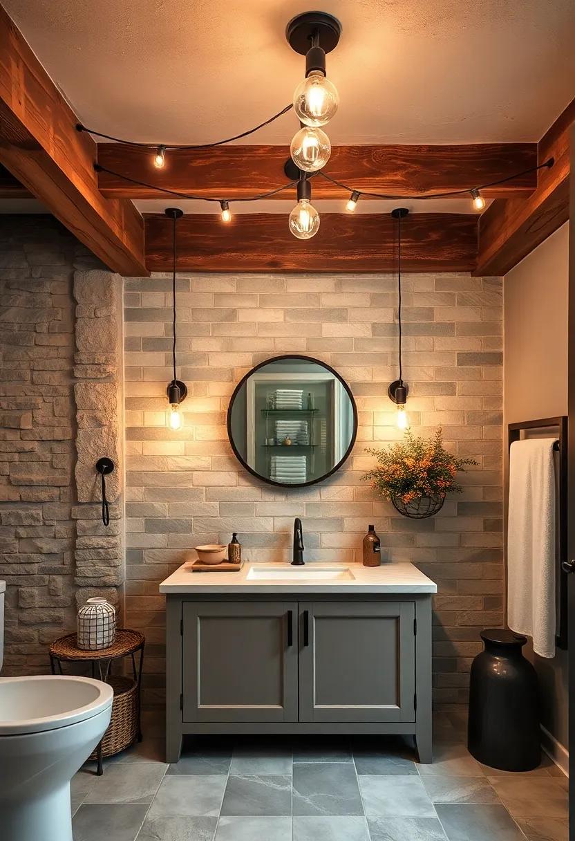 Rustic Ceiling Beams Decked with Edison Bulb String Lights Casting Warm Patterns on Vanity Tiles