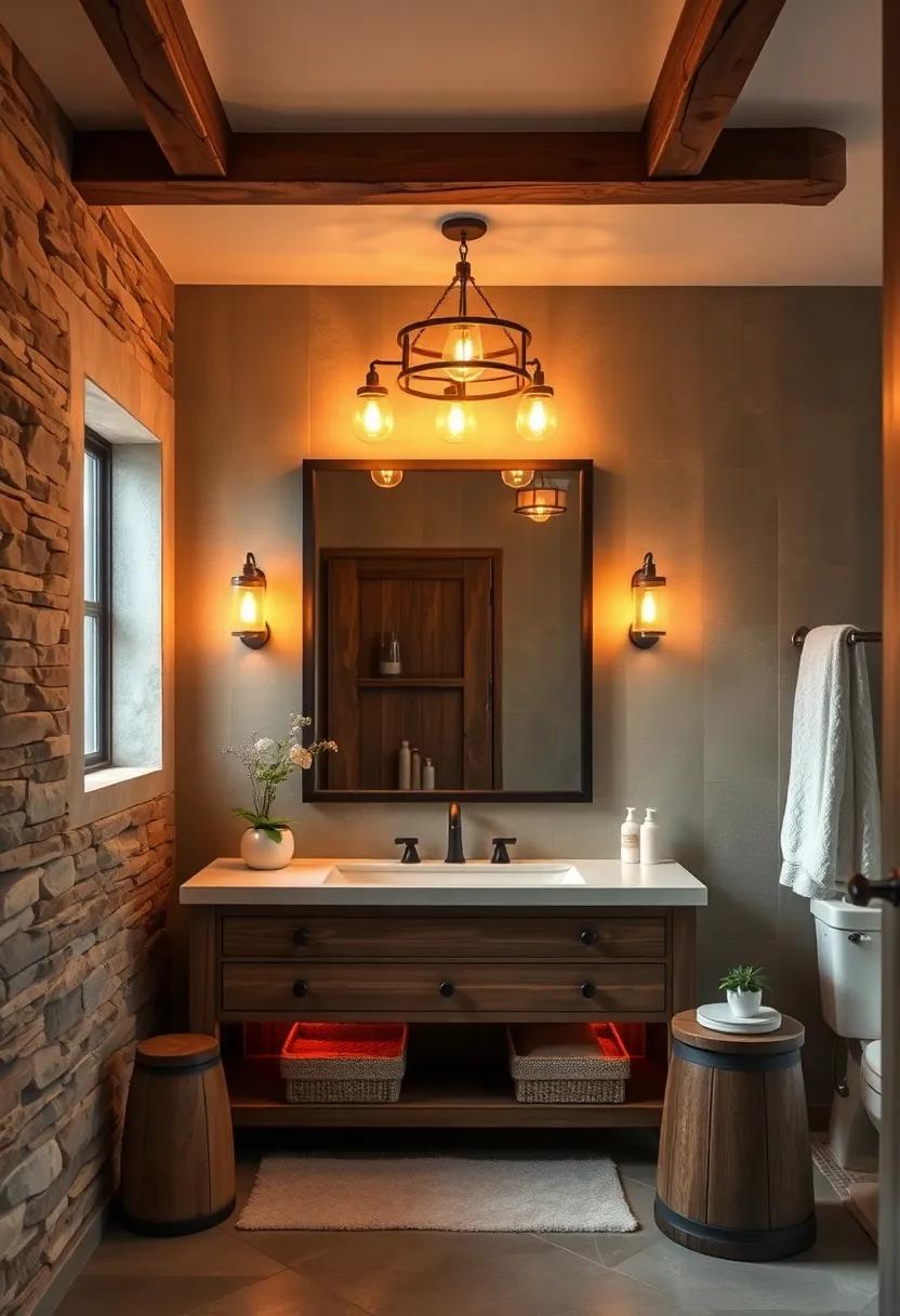 Soft Amber Lights Nestled in Rustic Wooden Beams Creating a Tranquil Farmhouse Vanity Ambience
