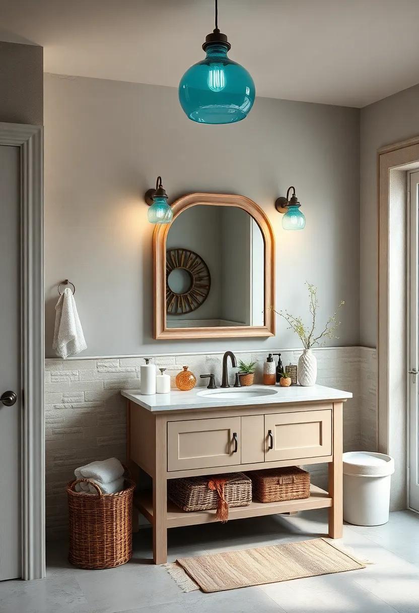 Soft Blue Glass Pendant Lighting Bringing Coastal Farmhouse Vibes to a Vintage Vanity Setup