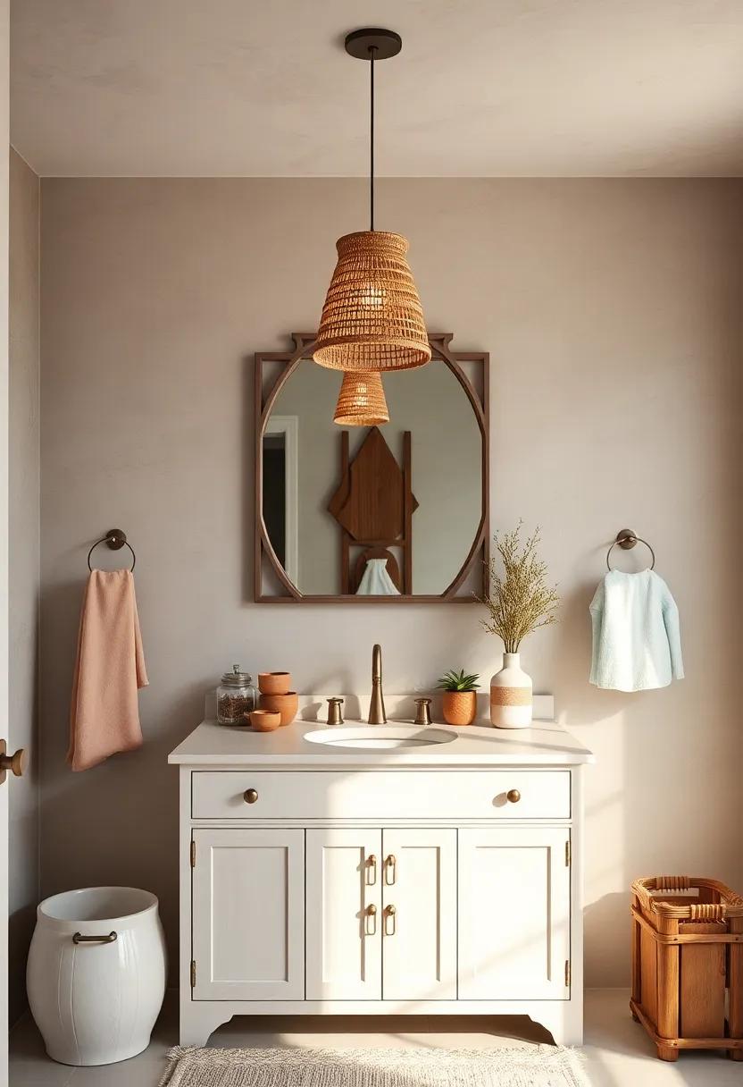 Soft Natural Fiber Pendant Lighting Suspended Over a Whitewashed Vanity with Clay Pot Decor