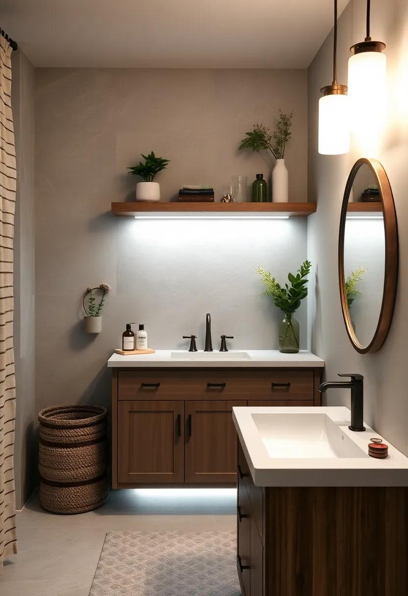 Subtle LED Strip Lighting Concealed Beneath Floating Farmhouse Vanity Shelves for Soft Underlighting