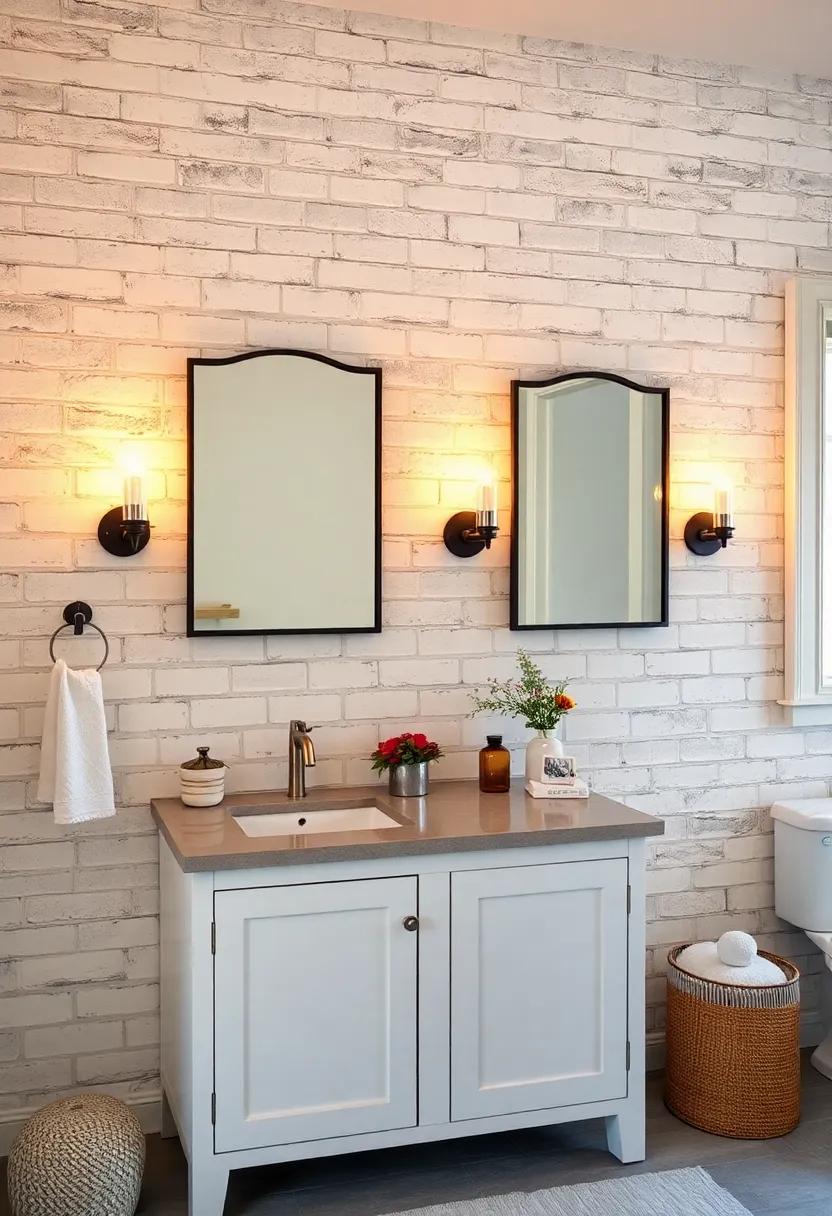 Warm Glow from Candlestick-Style Wall Holders Mounted on Whitewashed Brick Behind Vanity