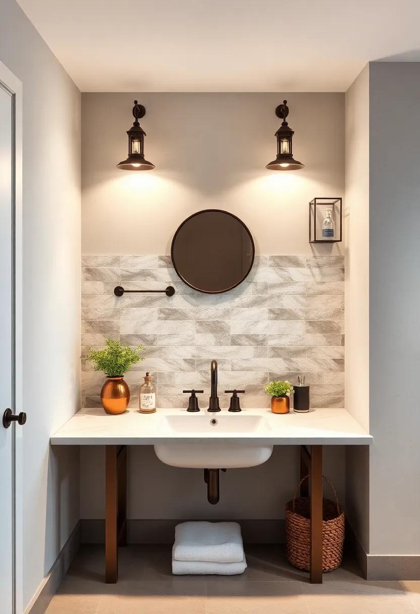 Wrought Iron Lantern Style Lights Highlighting Stone Tile Backsplash Behind a Classic Farmhouse Sink