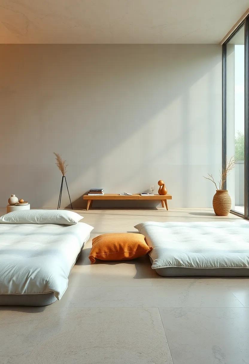 The Gentle Curves and Clean Lines of Floor Mattresses in a Softly Lit Minimalist Room