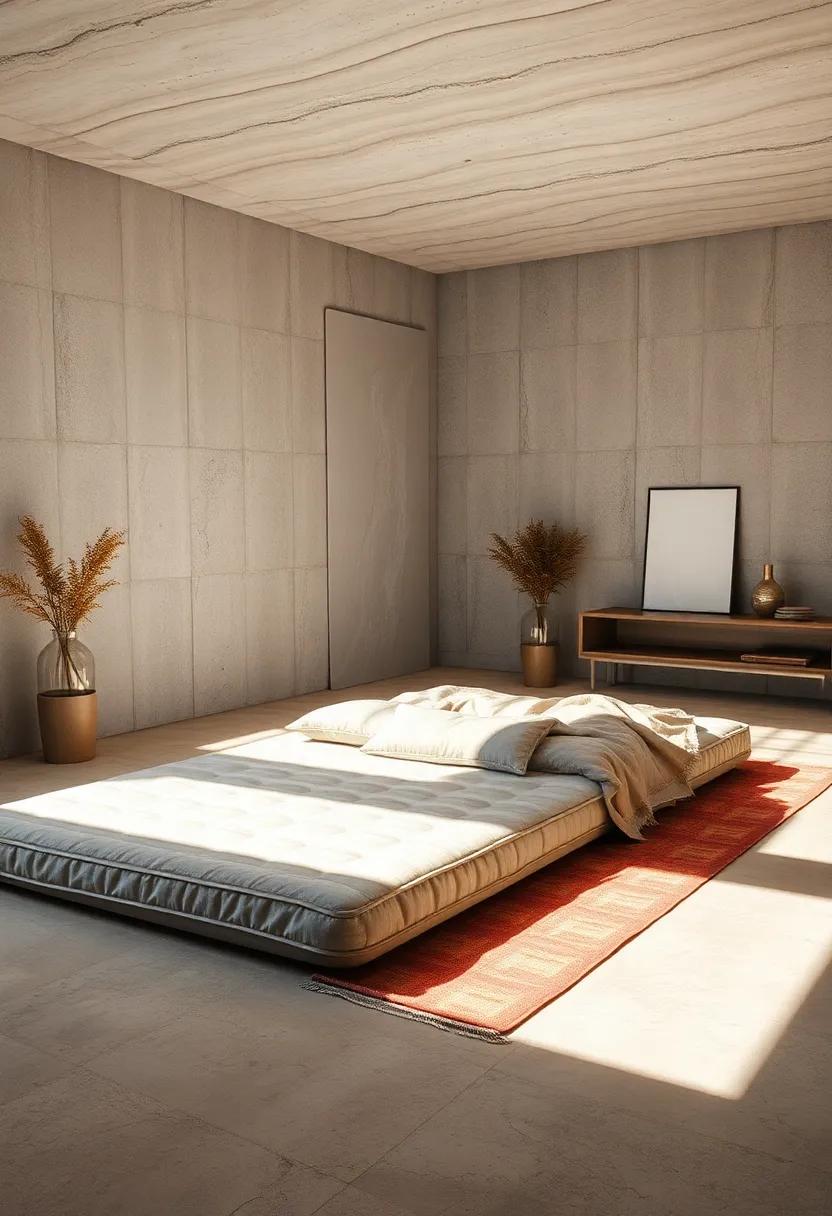 Soft Natural Light Highlighting the Smooth Contours of a Minimalist Floor Mattress Arrangement