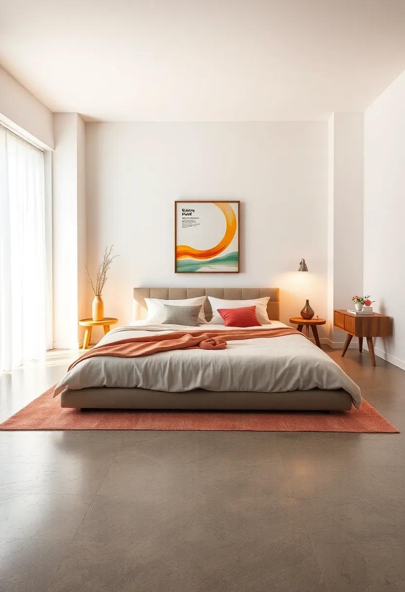 Clean White Walls Serving as a Backdrop for a Floor Mattress Accented by a Single Statement Art Piece