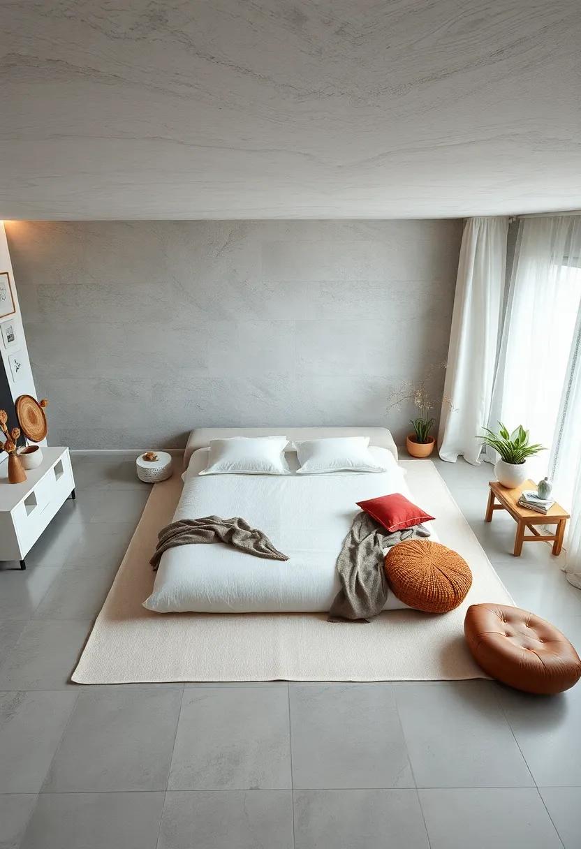 Overhead View of a Floor Mattress Surrounded by Minimalist Furniture and Open Floor Space