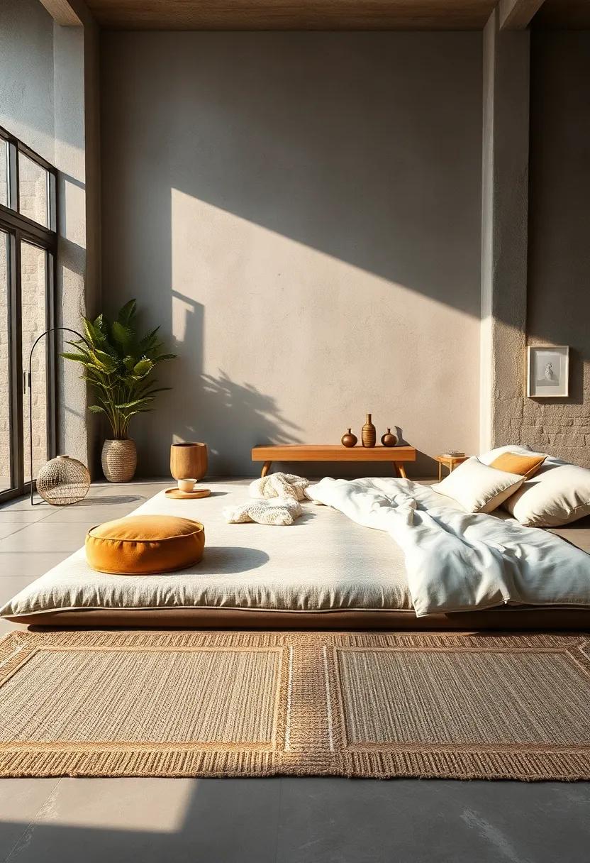 Natural Fiber Rugs and a Floor Mattress Emphasizing Warmth and Simplicity in Interior Design