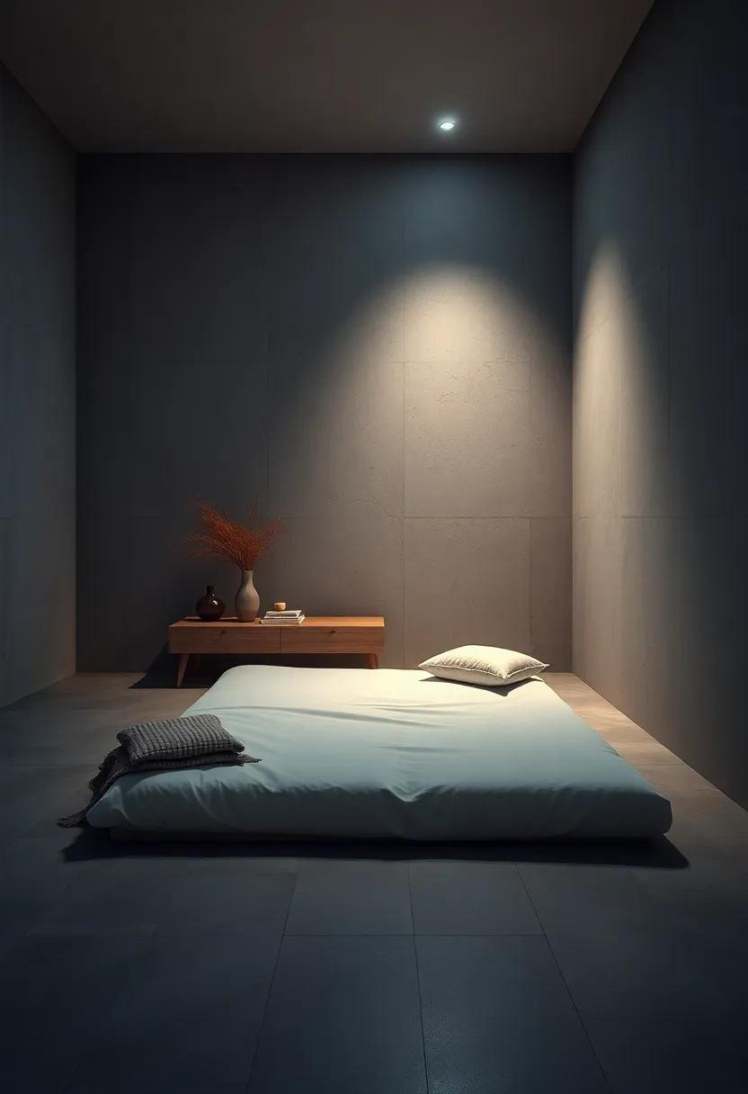 A Peaceful Night Setting with Soft Moonlight Illuminating a Minimalist Floor Mattress Arrangement