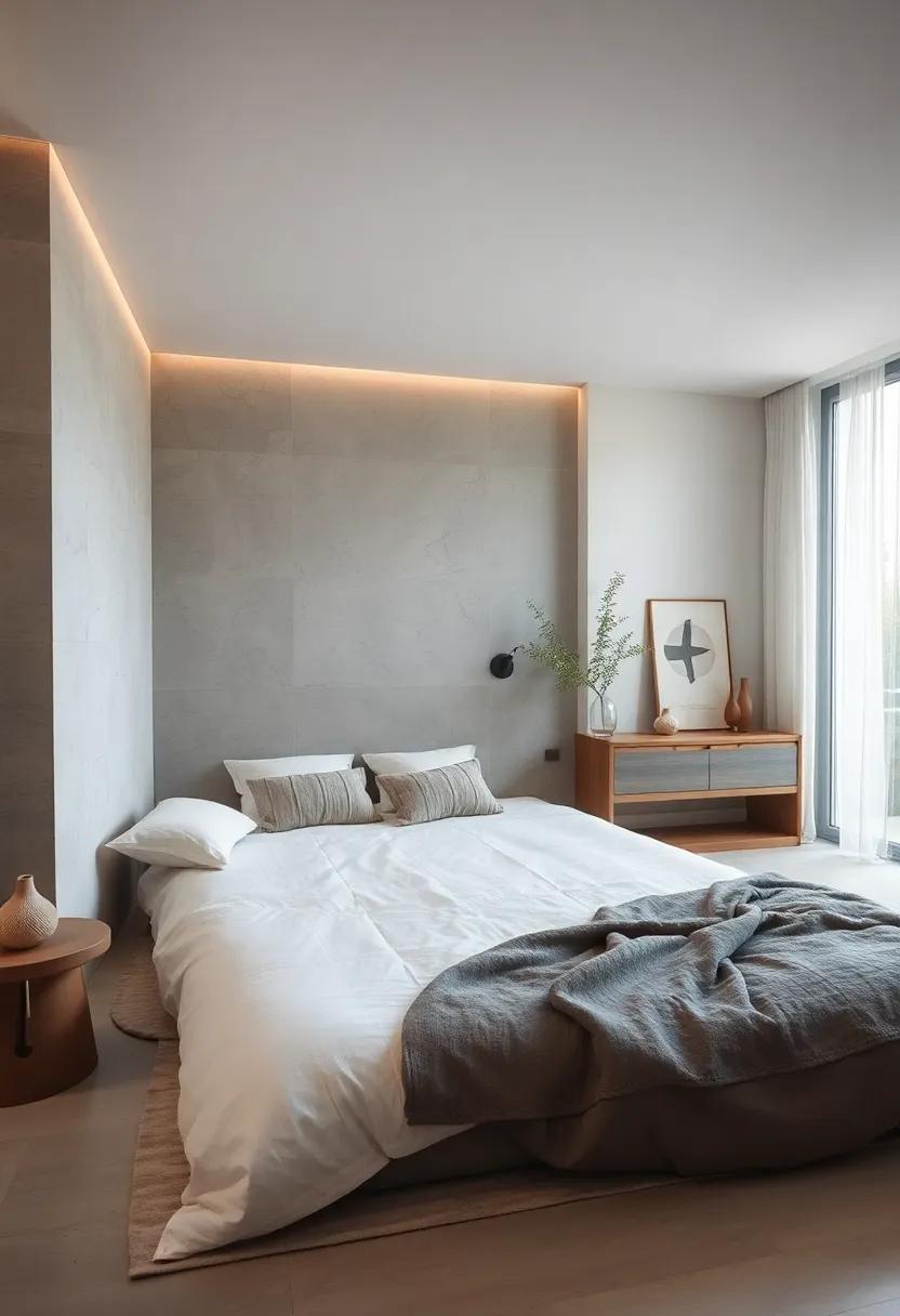 Subtle Patterns and Neutral Shades Creating Depth Around a Floor Mattress in a Sleek Setting