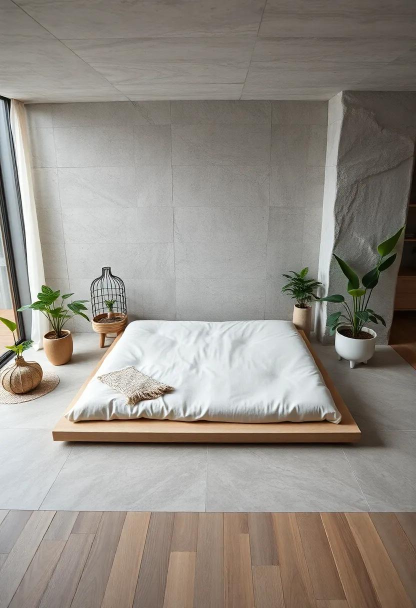 Aerial Perspective of a Zen-Inspired Floor Mattress Surrounded by Subtle Indoor Plants