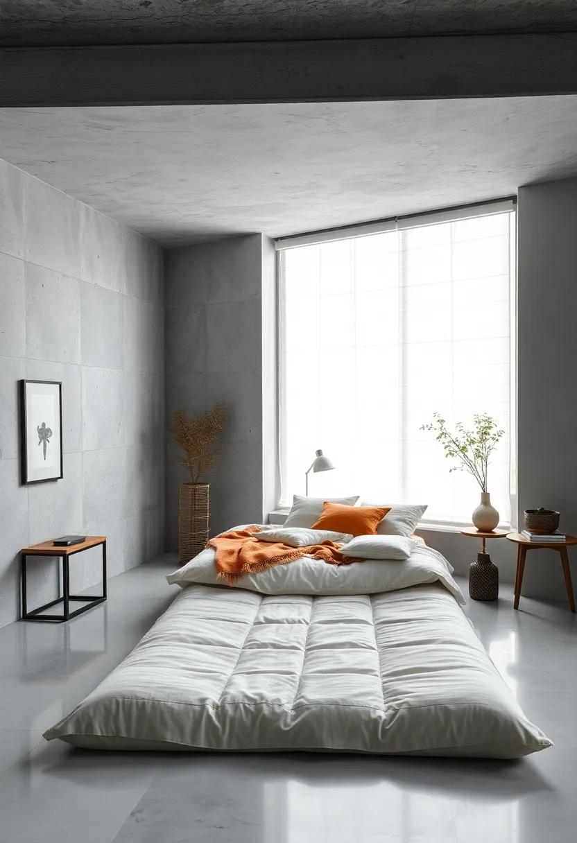 Monochrome Palette Featuring a Floor Mattress with Layered Textures and Sparse Decor