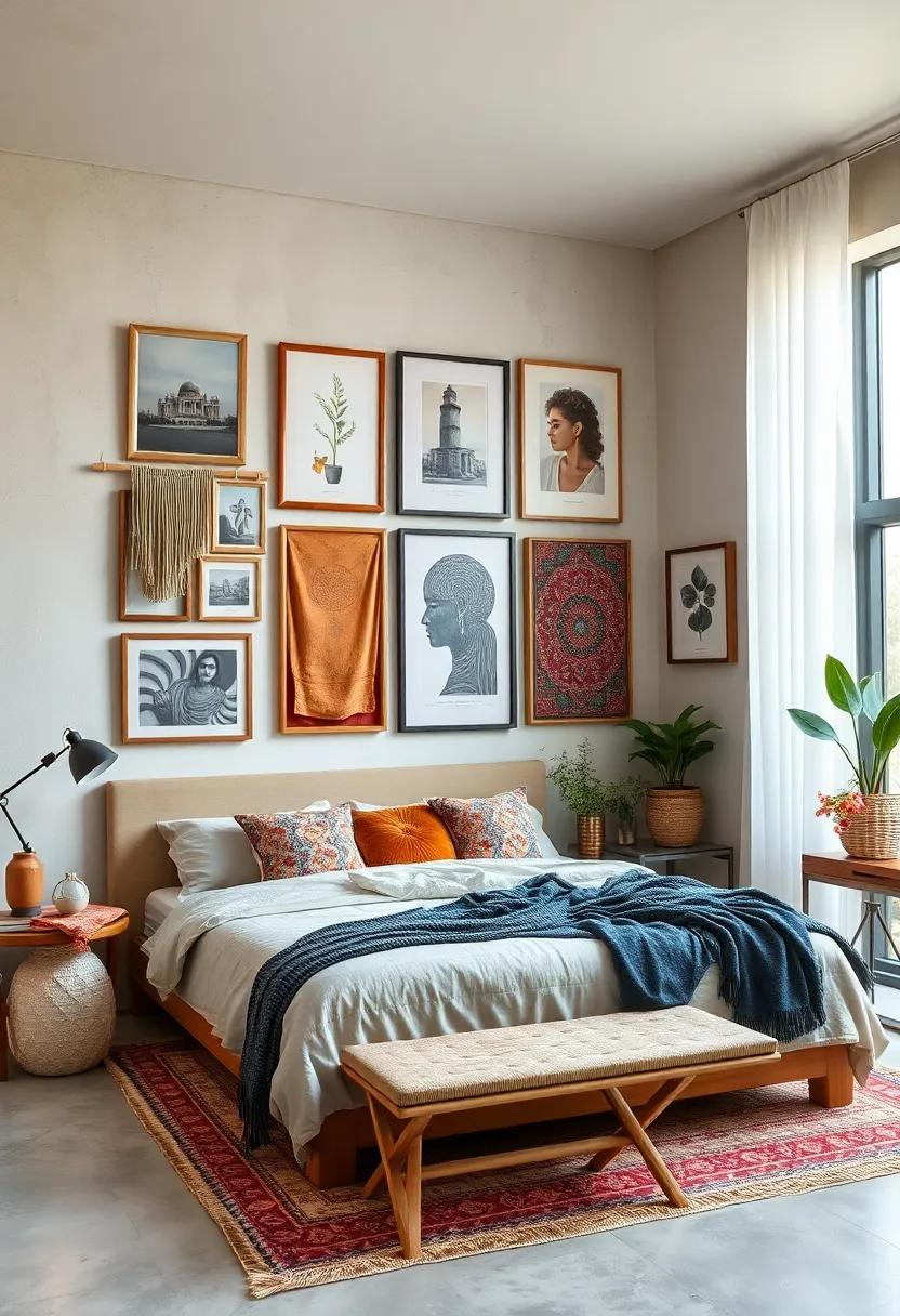 Personalized Gallery Walls Combining Eclectic Photography, Illustrations, and Framed Fabrics for Visual Intrigue