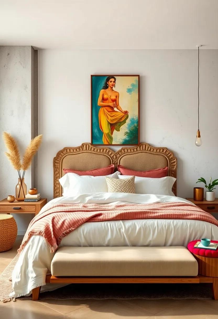 Statement Headboards Featuring Carved Wood, Upholstery, or Artistic Paintings to Anchor the Bedroom Aesthetic