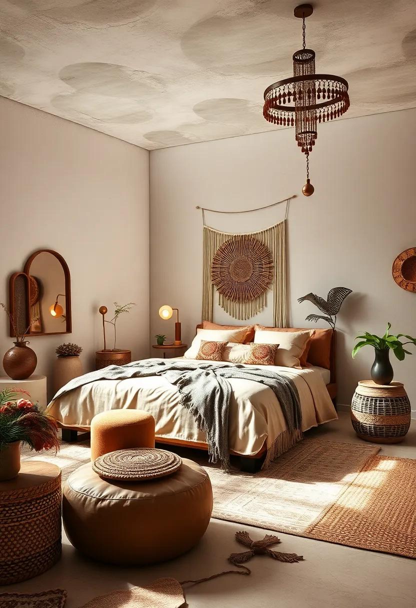 Incorporating Metallic Accents and Beaded Details for Subtle Glamour within an Earthy Bohemian Bedroom Scheme
