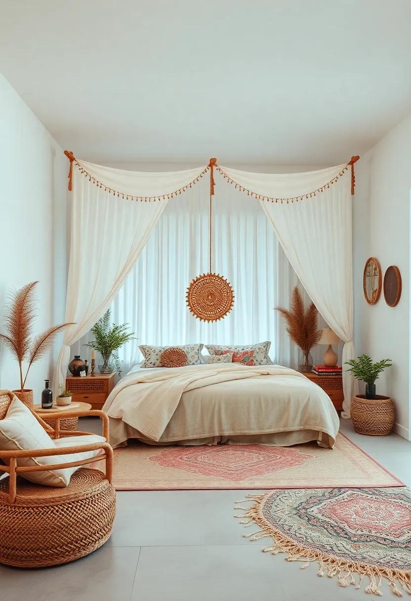 Bohemian-Style Canopies with Bead Curtains and Flowing Drapes Offering Privacy While Maintaining Airy Elegance