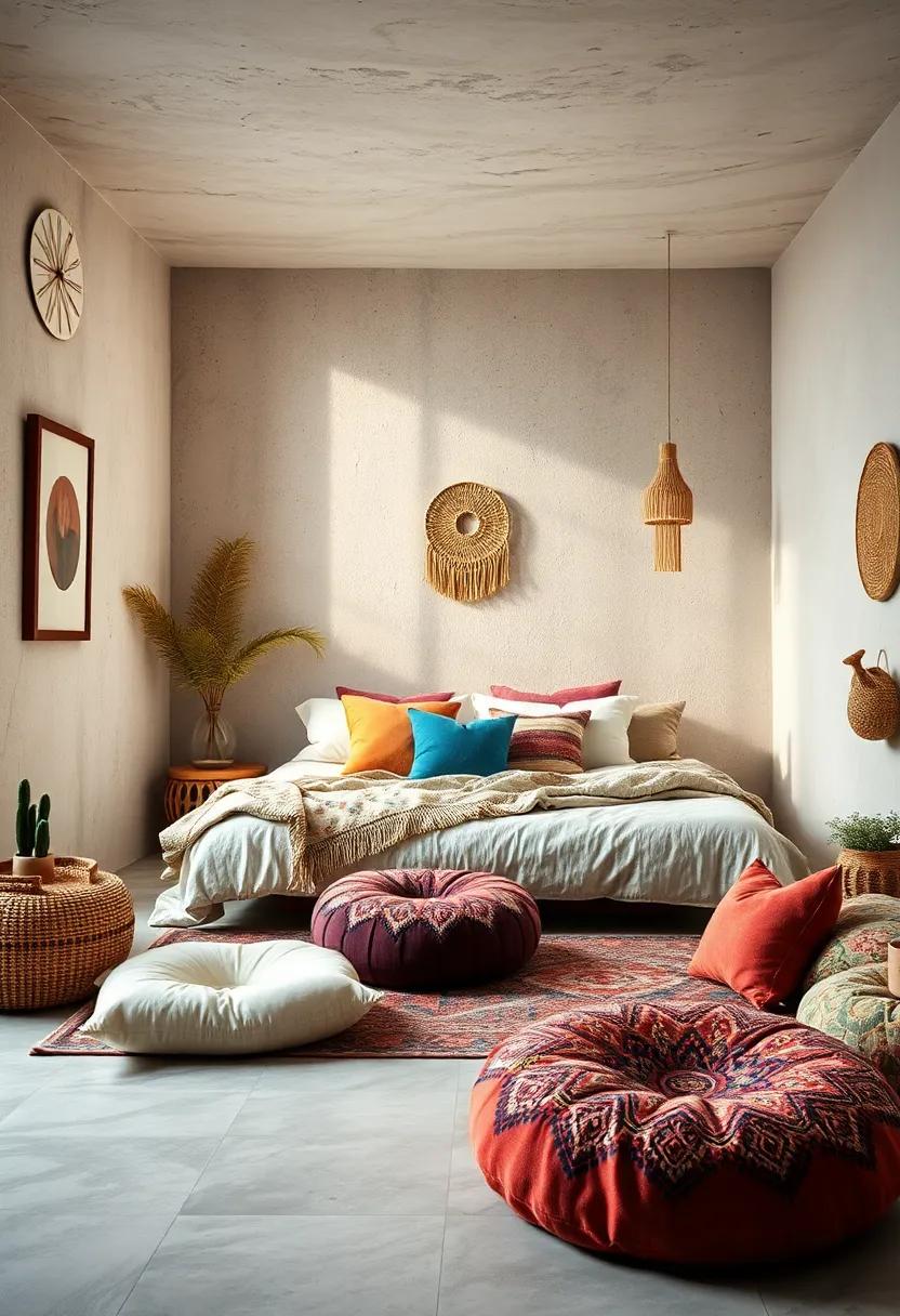 Comfortable Low Seating with Boho Floor Cushions and Poufs Enhancing Relaxed Eclectic Bedroom Vibes