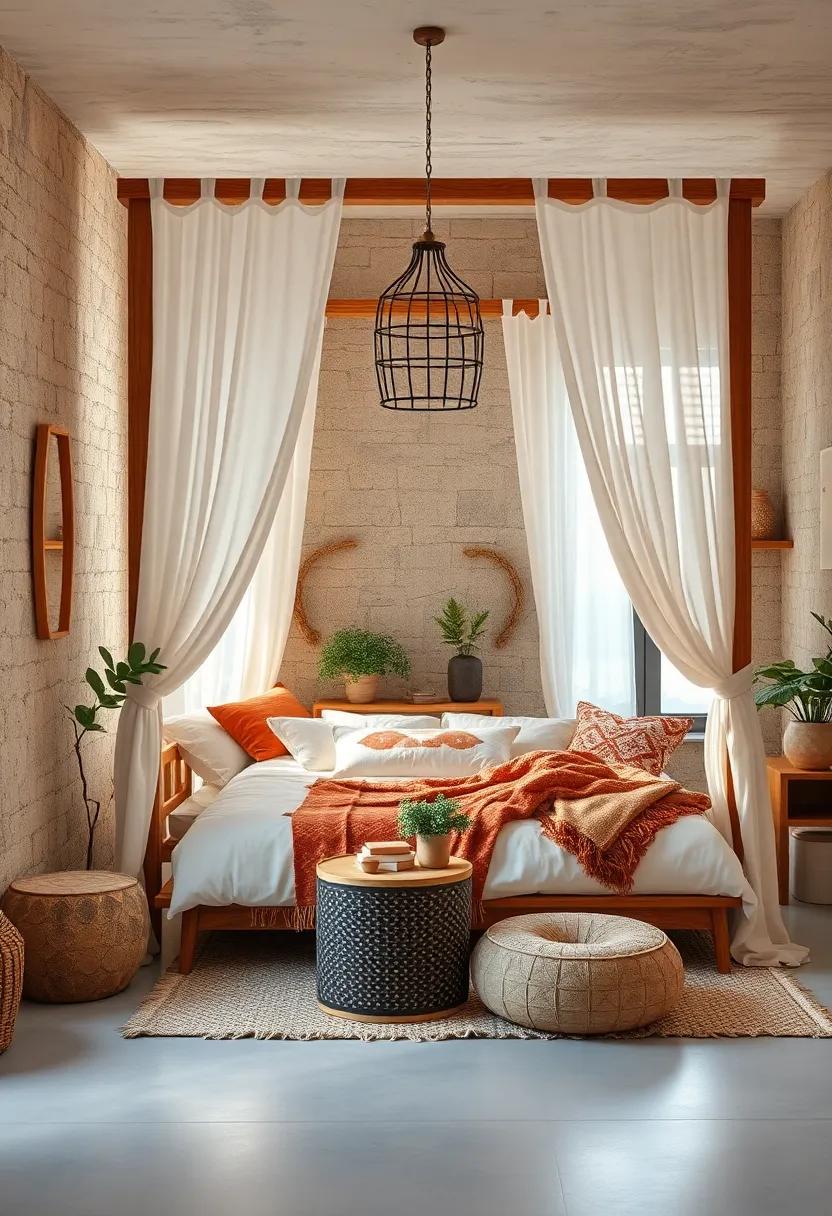 Soft Canopy Drapes and Natural Wood Frames Crafting a Dreamy and Inviting Boho Sleeping Nook