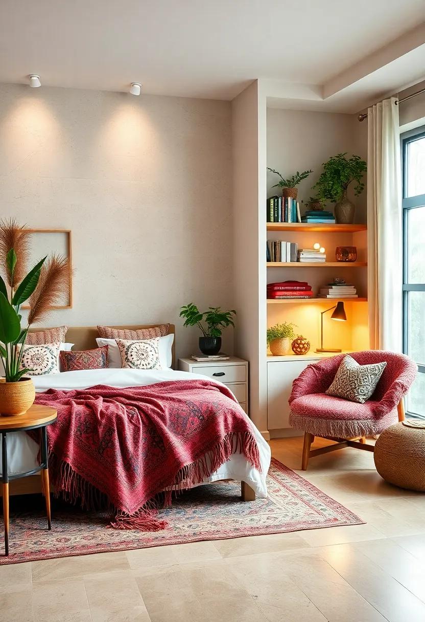 Boho Bedroom Corners Featuring Reading Nooks with Patterned Throws, Bookshelves, and Task Lighting