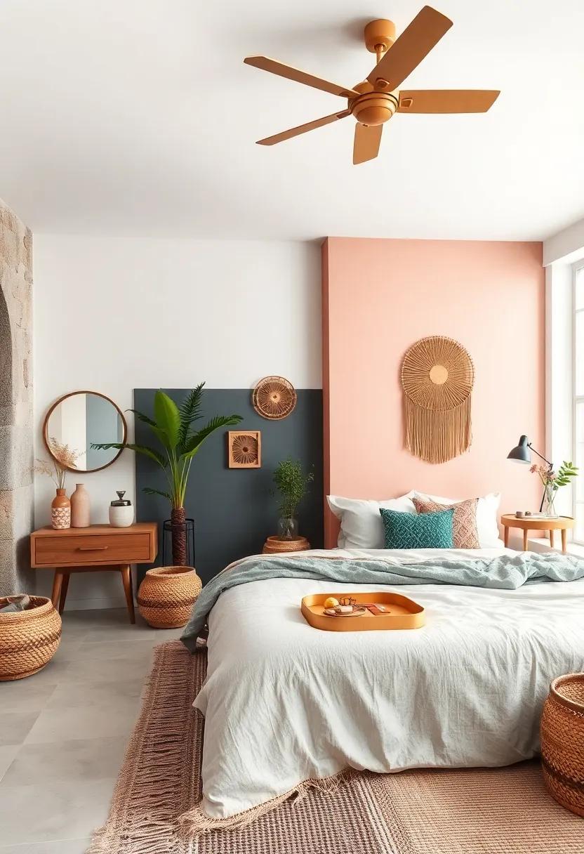 Serene Color Blocking with Muted Pastels and Deep Accents to Create Visual Harmony in a Bohemian Bedroom