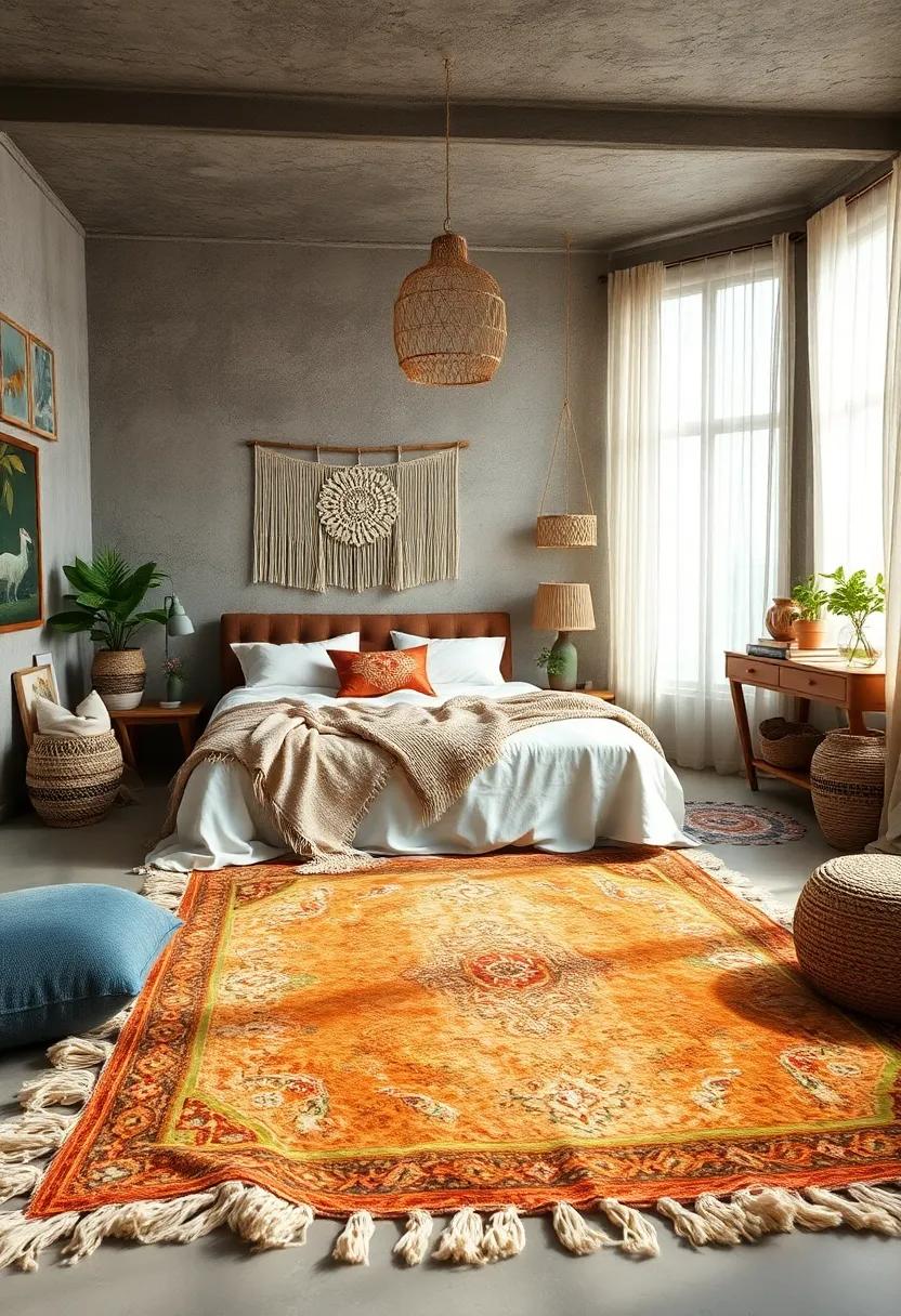 Soft Rugs and Plush Throws Creating a Cozy, Inviting Floor Space to Lounge and Reflect within an Eclectic Bedroom