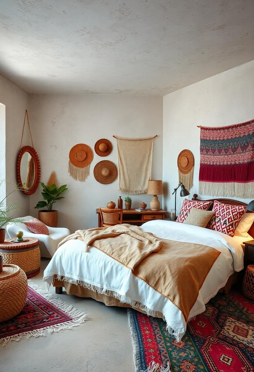 Layers of Colorful Textures with Kilim Rugs, Woven Baskets, and Artisan Throws for an Eclectic Bedroom Atmosphere