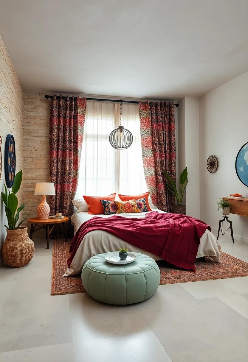 Richly Patterned Curtains Paired with Light, Neutral Walls Providing Contrast to Elevate Bohemian Style