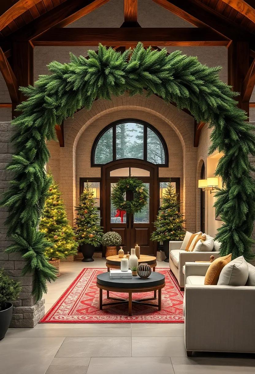 Enchanting Layers of Evergreen Branches Weaving Through Rustic Wooden Archways for a Classic Christmas Vibe
