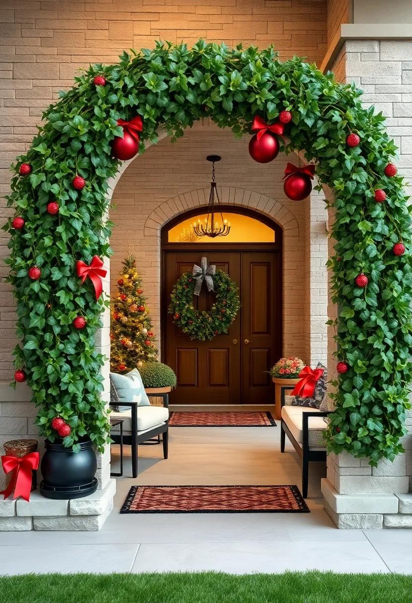 Curling Ivy Tendrils Peeking from Deep Garnet Ornaments, Adding Elegance to a Festive Christmas Arch in the Yard