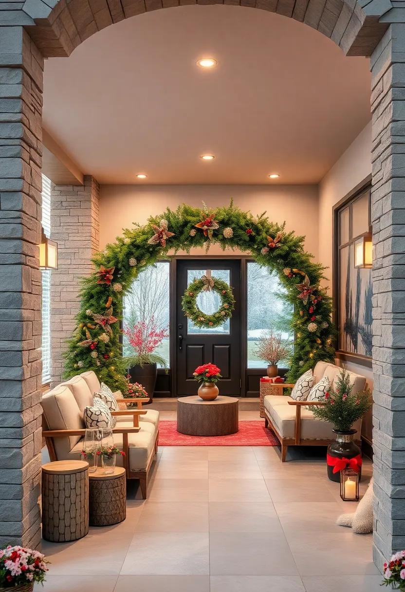 Natural Pinecones Dusting the Living Wreath Arch, Highlighting Organic Textures Wrapped in Soft White Lights
