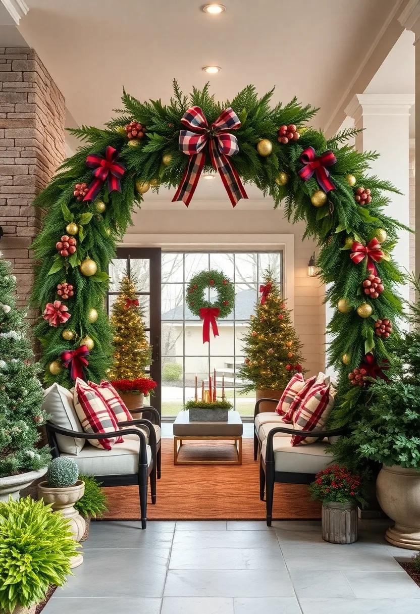 Classic Plaid Accents Draped Effortlessly Through Lush Greenery of a Front Yard Christmas Wreath Arch Arrangement