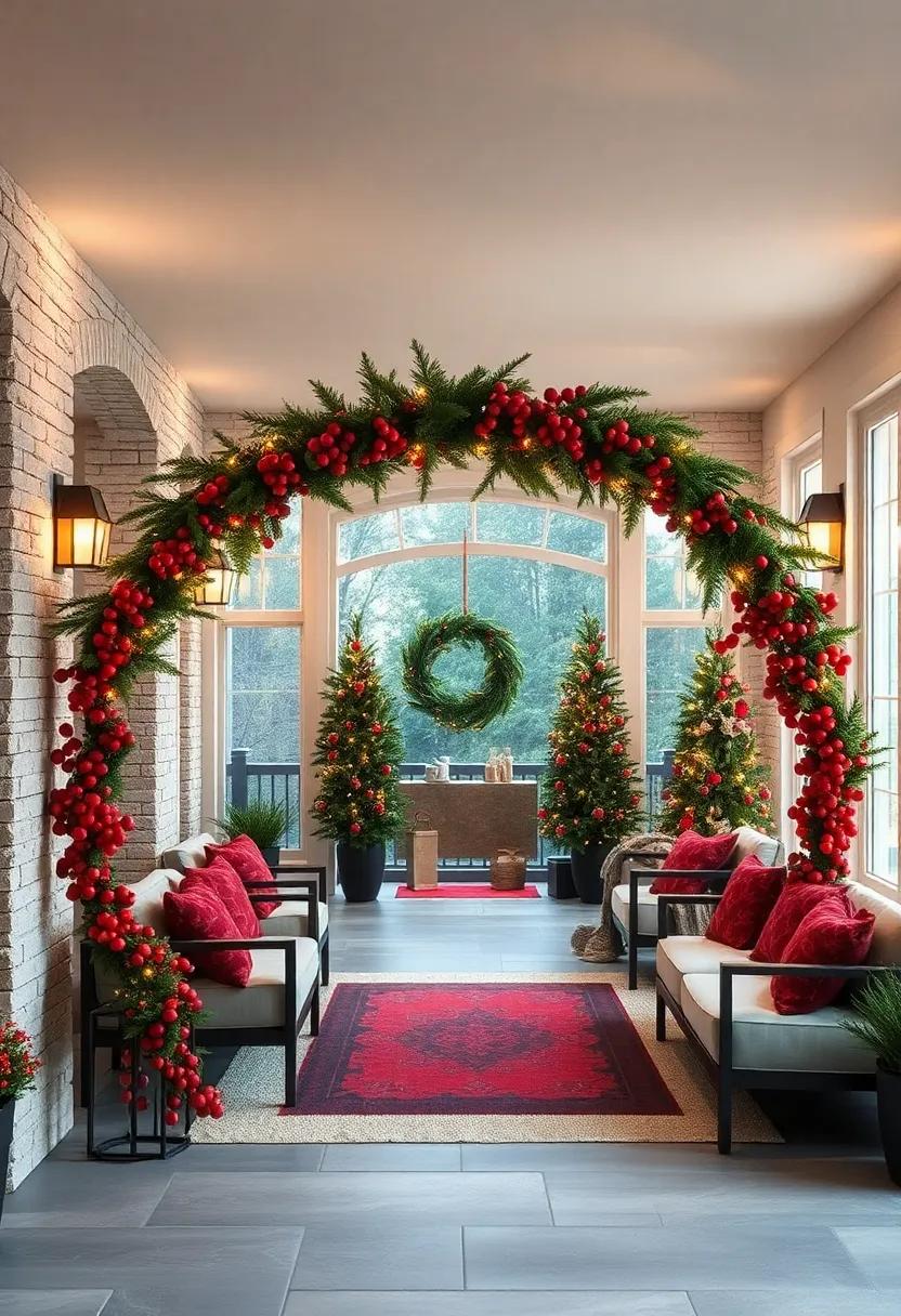 Hand-Strung Cranberry Chains Looping Elegantly Around a Fresh Evergreen Arch in the Glow of Early Evening Lights