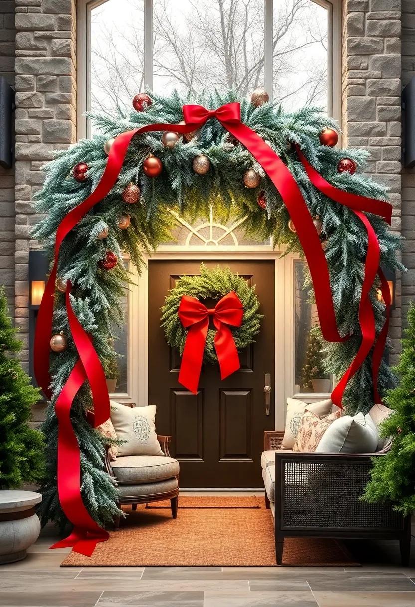 Rich Velvet Red Ribbons Flowing Gracefully Over a Wintery Living Wreath Arch, Contrasting with Frosty Spruce Needles