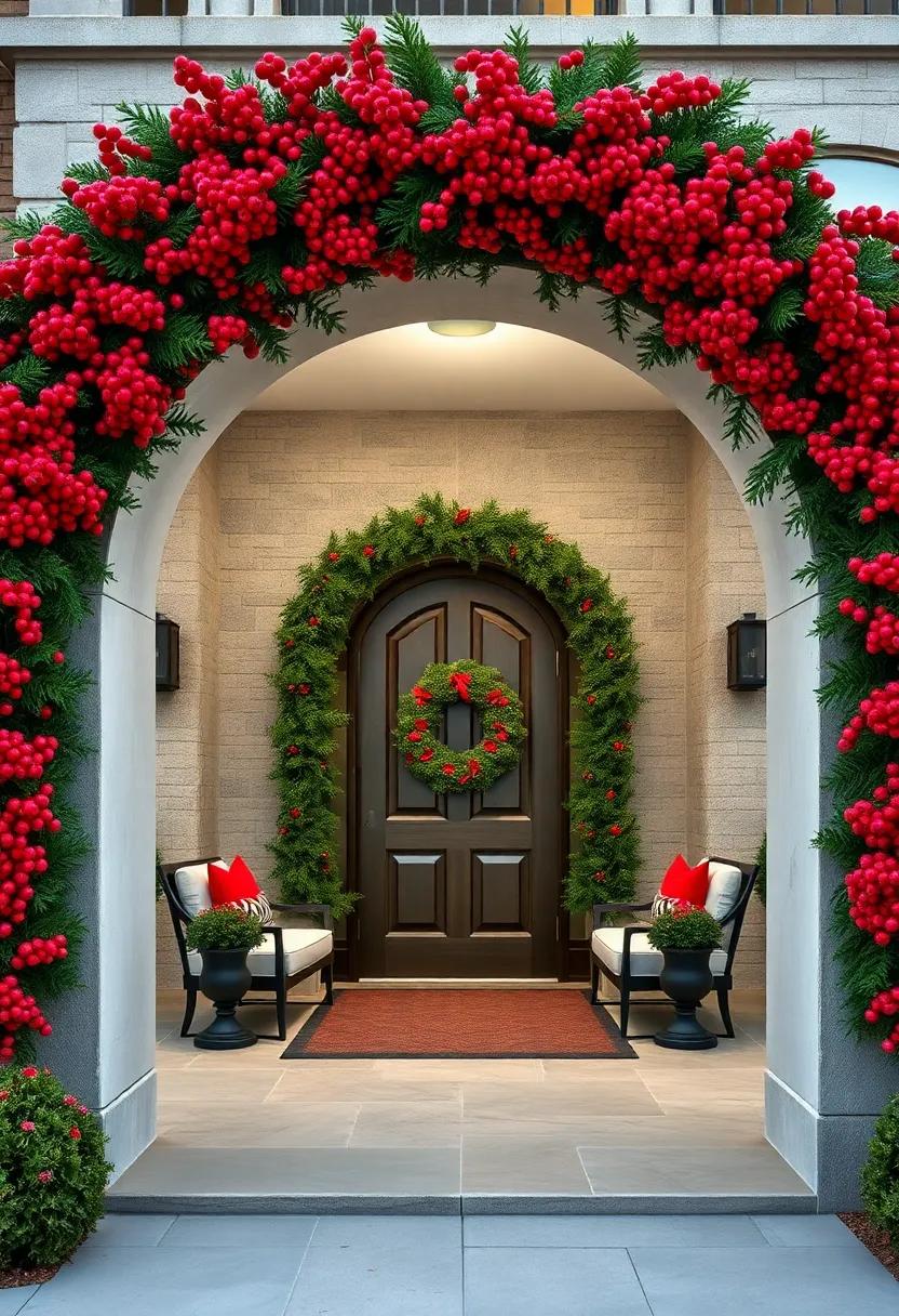 Lush Red Berries Nestled in Vibrant Greenery Surrounding a Grand Front Entryway Arch Brimming with Holiday Spirit