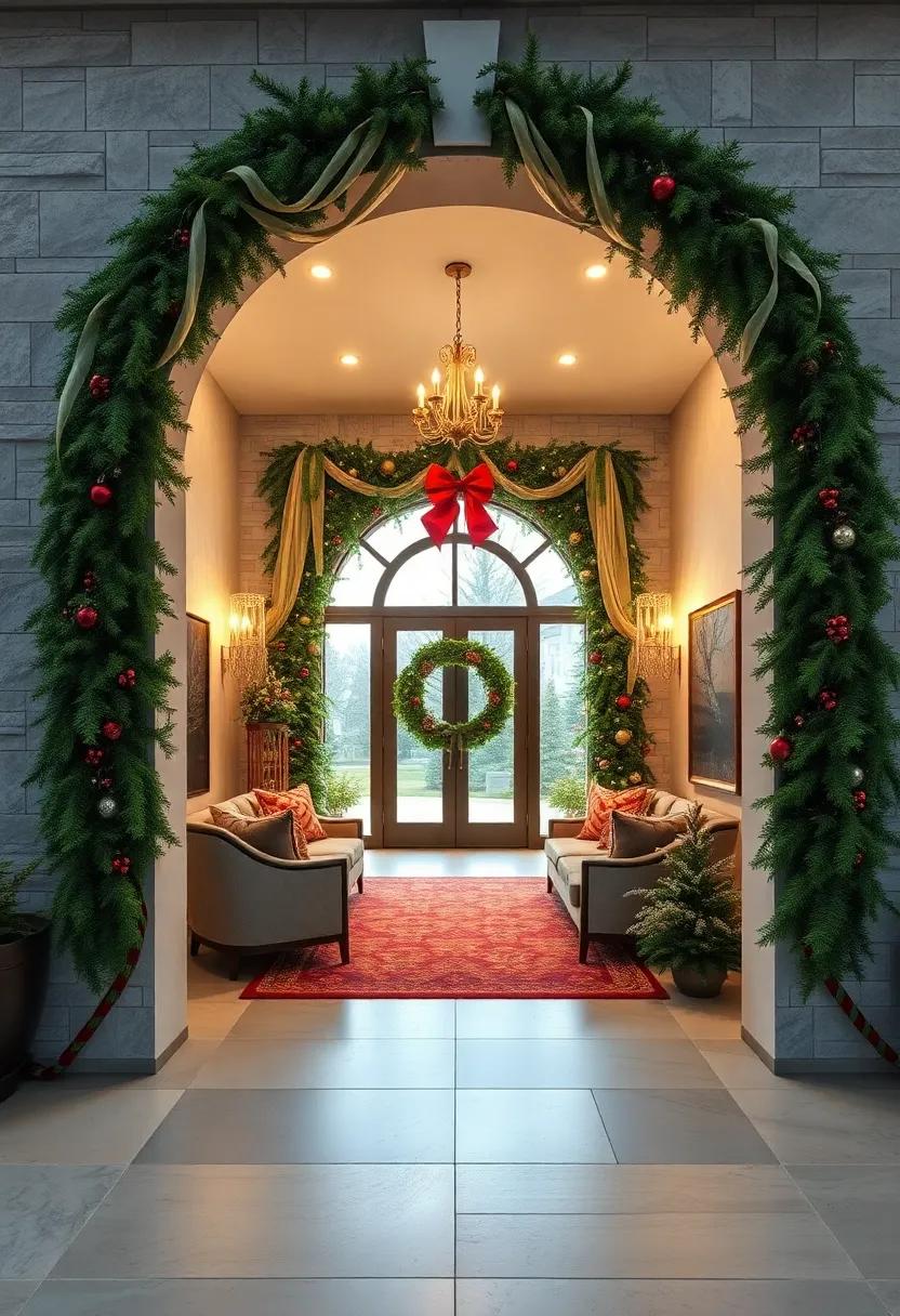 Draped Cascading Garlands of Fresh Fir Encircling a Majestic Arch, Creating an Inviting Festive Passageway