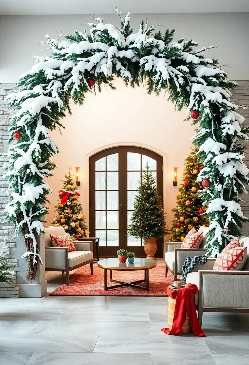 Snow-Laden Birch Branches Accentuating a Simple Evergreen Archway, Evoking a Serene Winter Wonderland Feel