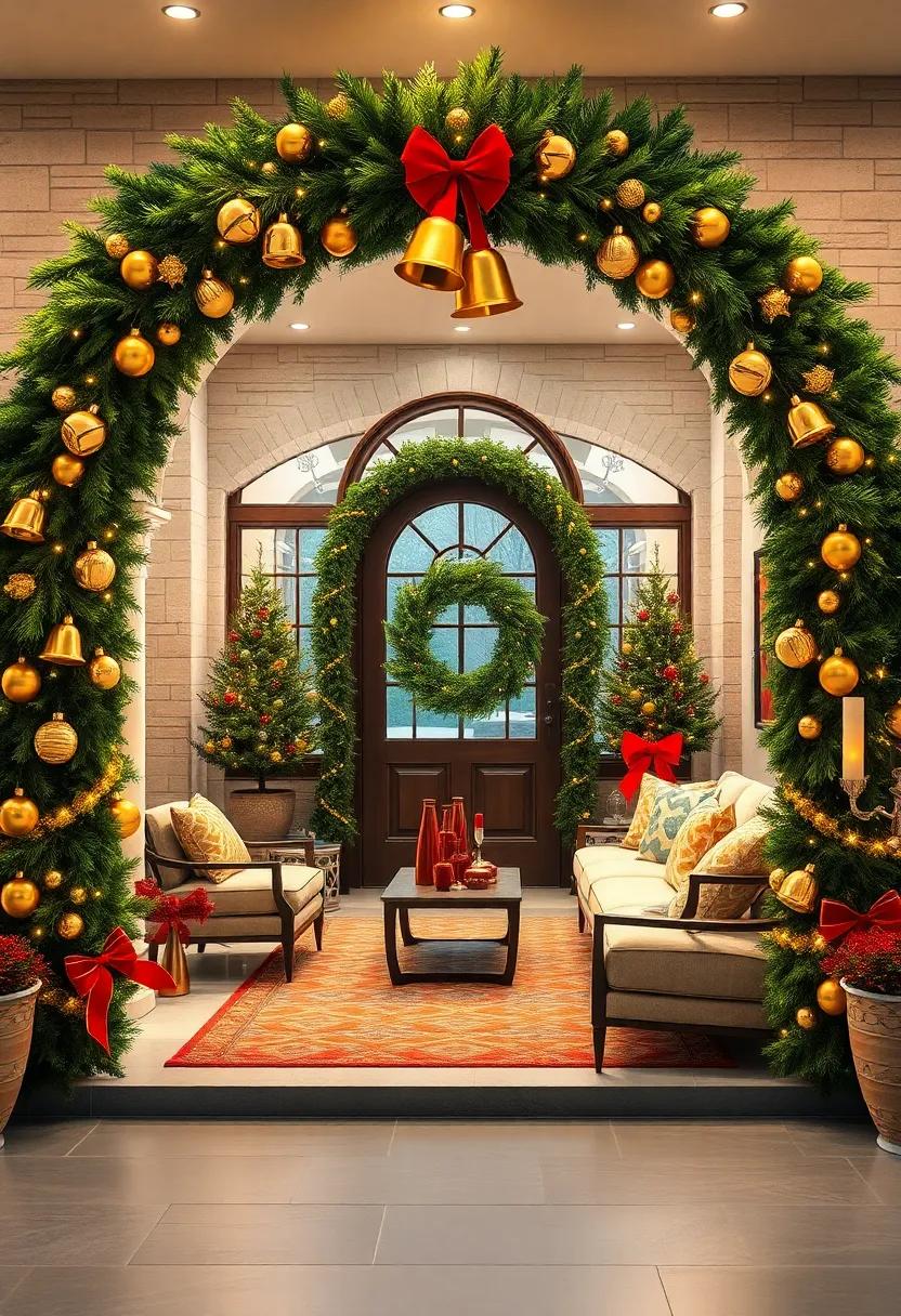 Bright Golden Bells Dangling from a Vibrant Evergreen Arch, Echoing Classic Holiday Cheer and Warmth at the Doorstep